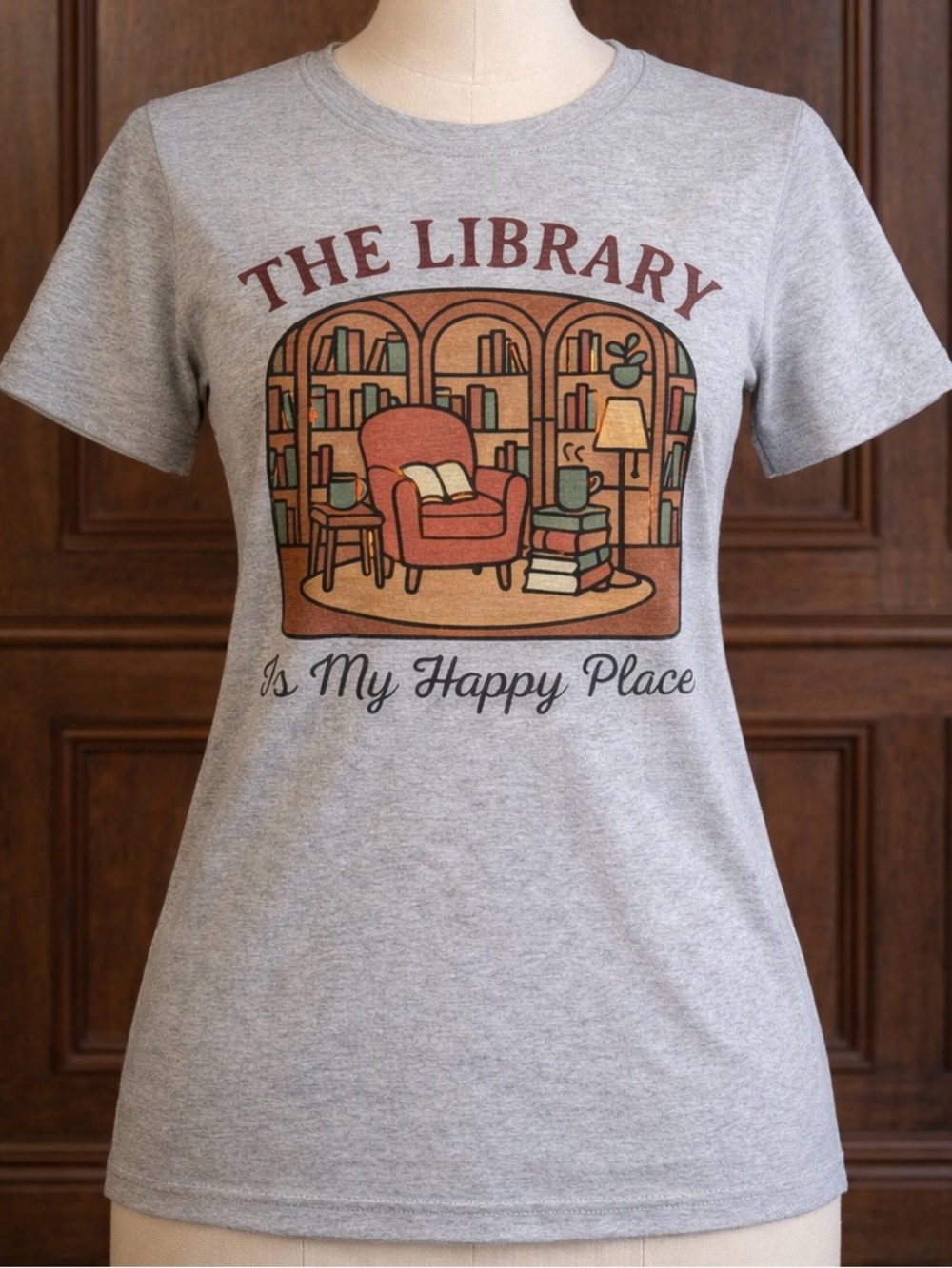 Whimsy The Library Is My Happy Place Graphic Tee & sticker set - gray medium